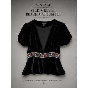 Vintage Silk Velvet Beaded Top Black Peplum Whimsygoth Boho Y2K Party M